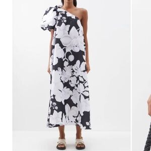 Kika Vargas one shoulder, black-and-white floral gown